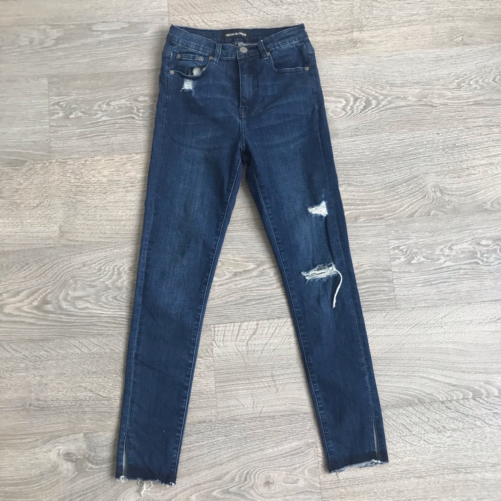 Neon Blonde High Rise Distressed Skinny Jeans